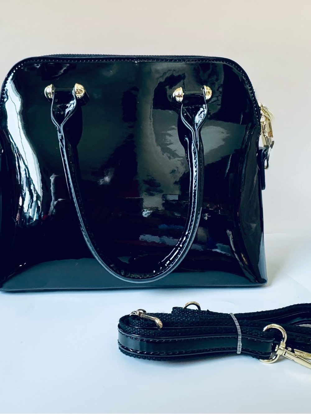 Unique Vintage NEW Black Patent Retro Top Handle Shoulder Bag w/ crossbody strap - Picture 12 of 14